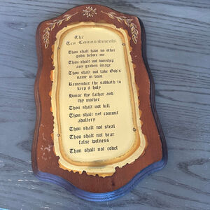 Vintage Ten Commandments Wall Plaque Gold Tone Metal on Wood Religious Decor